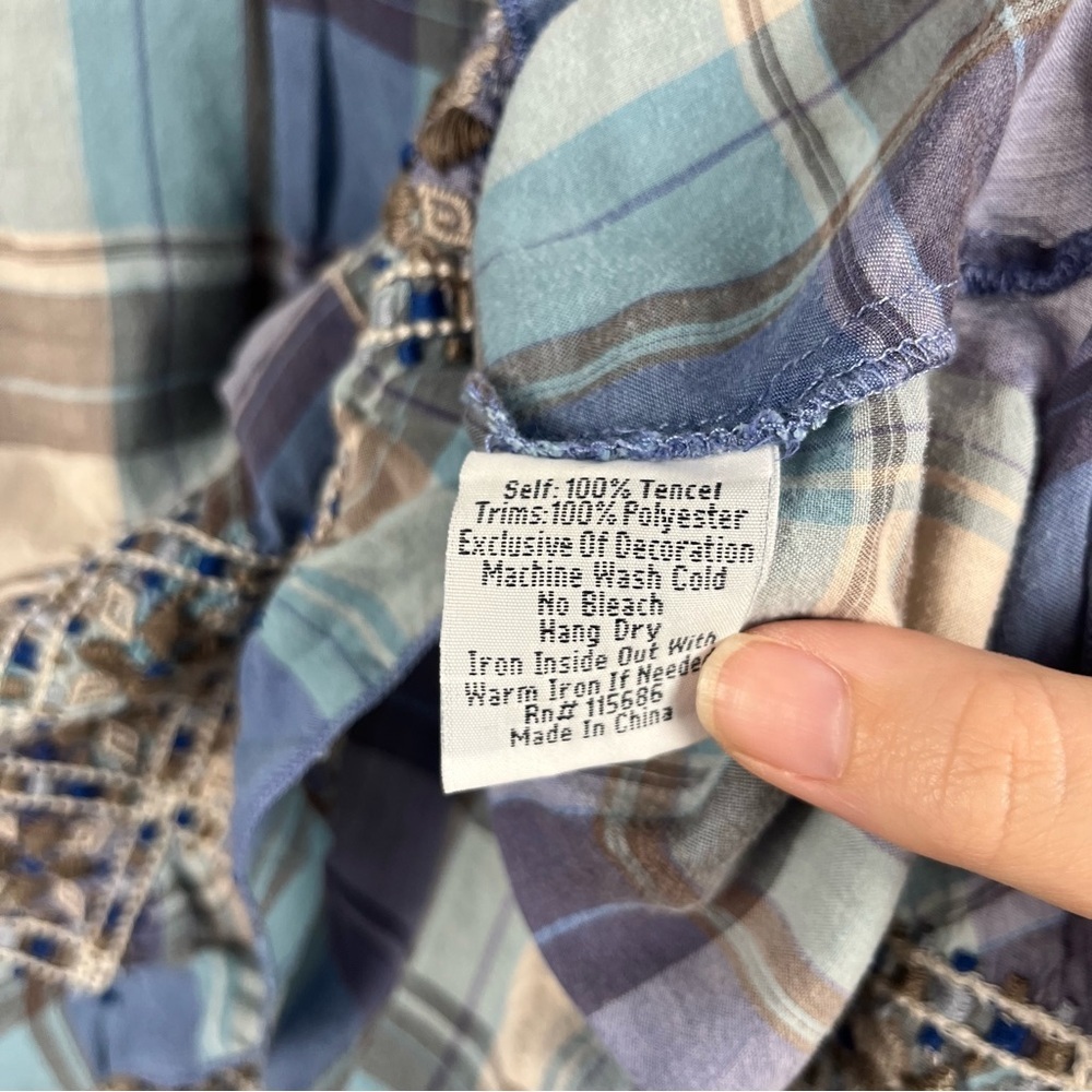 Johnny Was Workshop blue grey plaid embroidered tunic short sleeve top size XS - Picture 3 of 4